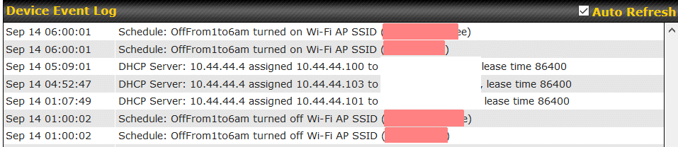 Event Log showing scheduled on/off of an SSID