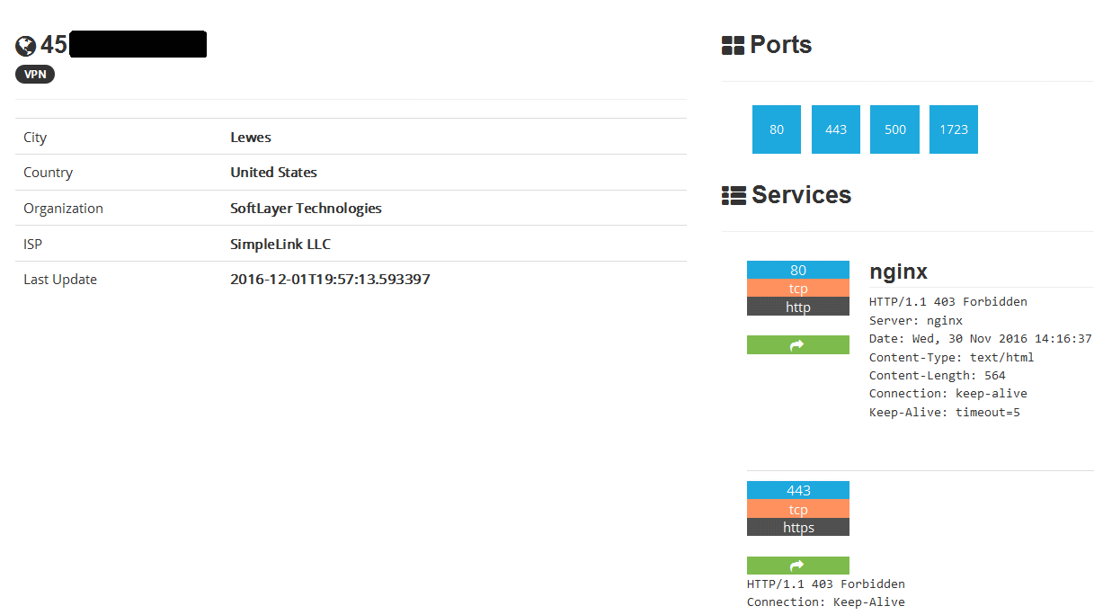 Shodan report of a VPN server